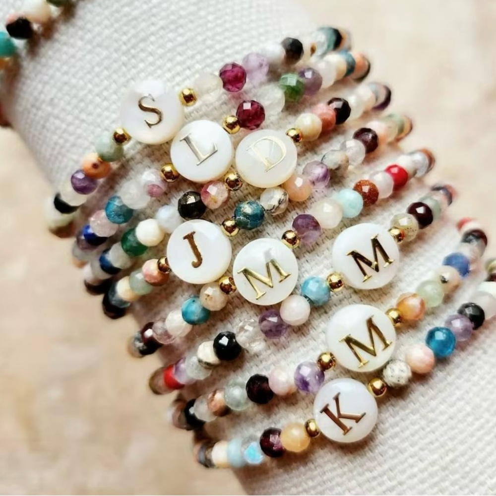 Handmade Custom Initial Bracelet - Mixed Semiprecious Stones and Mother of Pearl